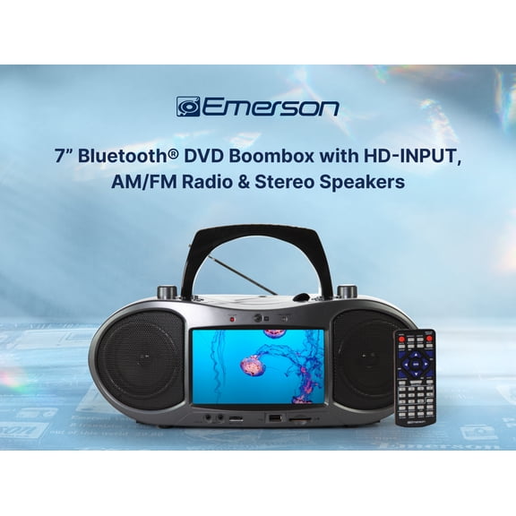 Emerson EDL-2560H 7" Bluetooth DVD Boombox with AM/FM Radio, Stereo Speakers, and Remote