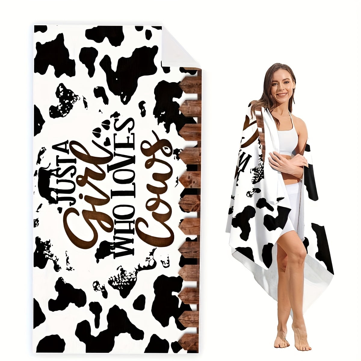 Quick-Dry Beach Towel with Stylish "JUST A GIRL WHO LOVES COWS" Cow Print Towels for Swimming, Travel, Camping, Yoga, Gym & Outdoor Activities, Travel Accessory
