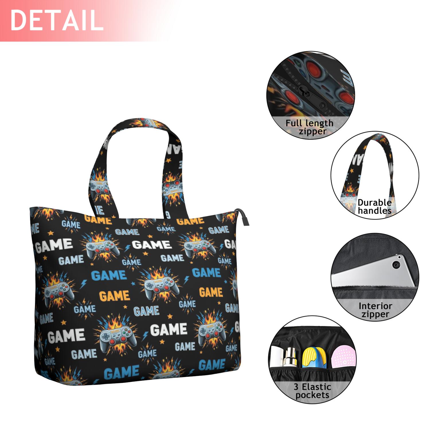 Colorful Controllers Games Flames Black Pattern Travel Tote Bags for Women Carry On,Large Weekender Bags for Women Travel,Multi Functional Duffle Bag for Work,Shopping,Sports