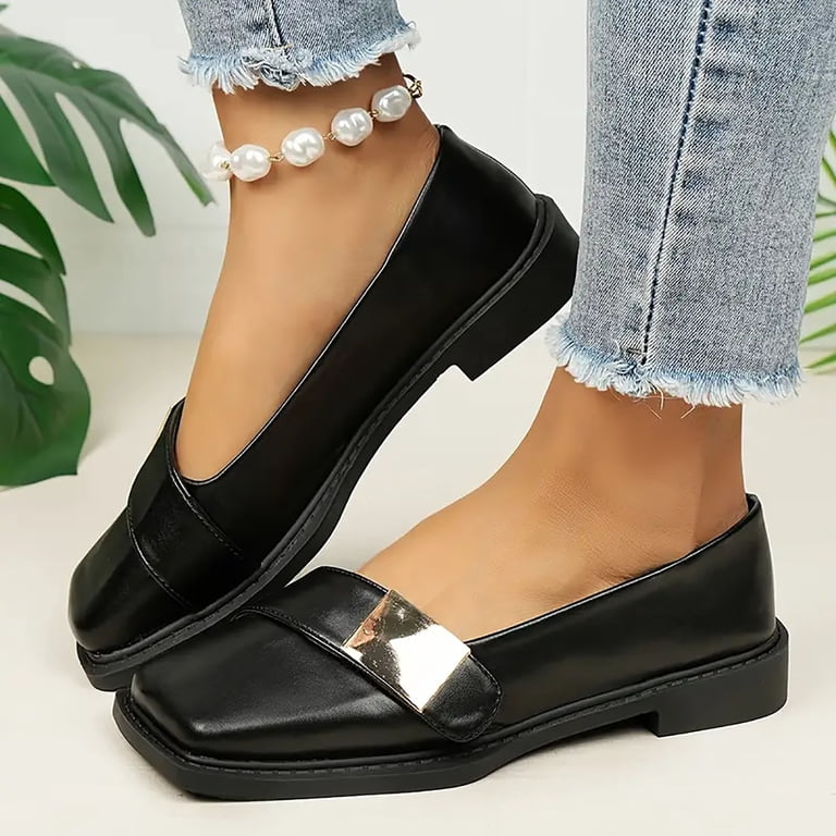 Rokment Oxfords Dress Shoes for Women Ladies Fashion Leather Square Toe Chunky Low Heels Slip on Formal Penny Loafers, Women's, Size: 7.5, Black