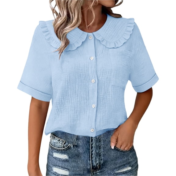 TKLPEHG Womens Button Down Shirt Short Sleeve Loose Fit Fashion Crew Neck Solid Color Tee Shirts Button Elegant Shirt Dressy Casual Summer (Light Blue,XXL)