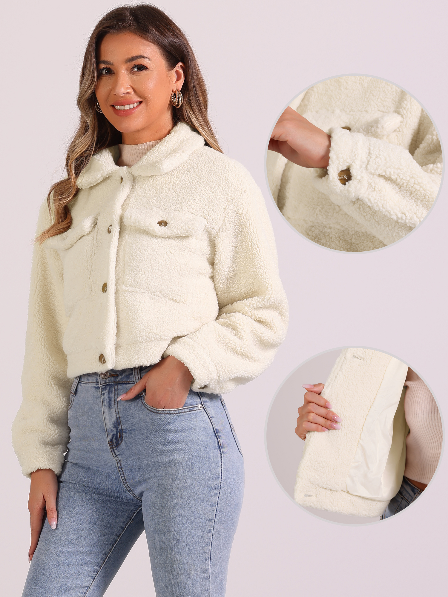 DARING DIVA Women's Fuzzy Fleece Jacket Faux Fur Button Winter Outerwear Short Coat S Beige