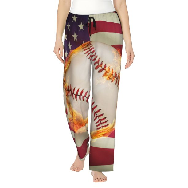 Fotbe Baseball Ball With Flag Pantalones de Pijama para Mujer, Pantalones de Dormir, Pantalones Pj con Cordón y Bolsillos-XX-Large