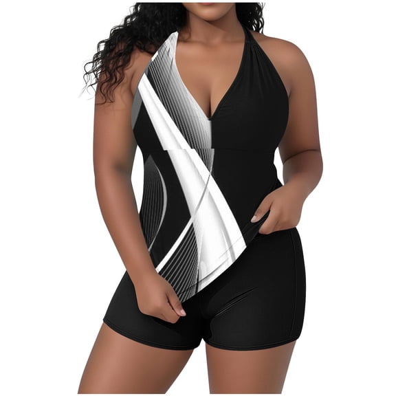 Ynynloco Halter Tankini Swimsuit for Women Tummy Control Two Piece Bathing Suit V Neck Swimwear with BoyShorts