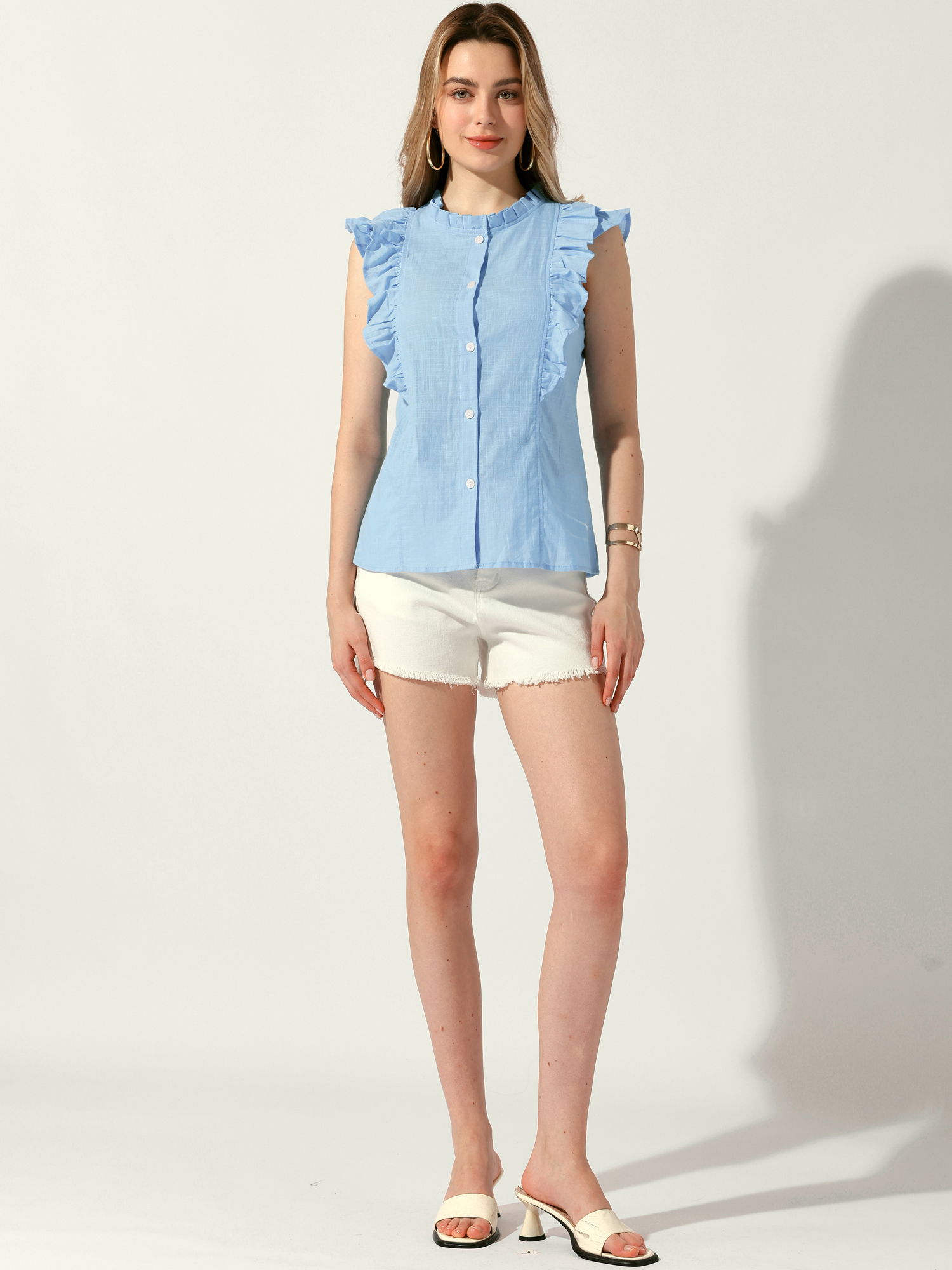DARING DIVA Women's Ruffle Blouse Crew Neck Sleeveless Blouses M Sky Blue