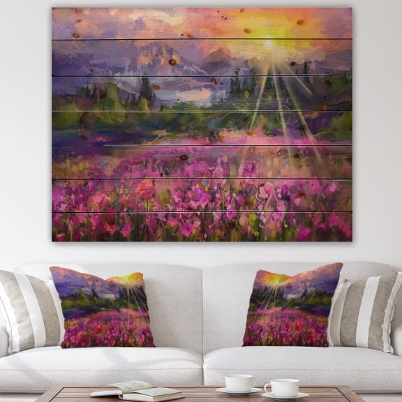 Designart 'Abstract Purple Cosmos Flowers With Bright Sun Over Mountainscape' Farmhouse Print on Natural Pine Wood