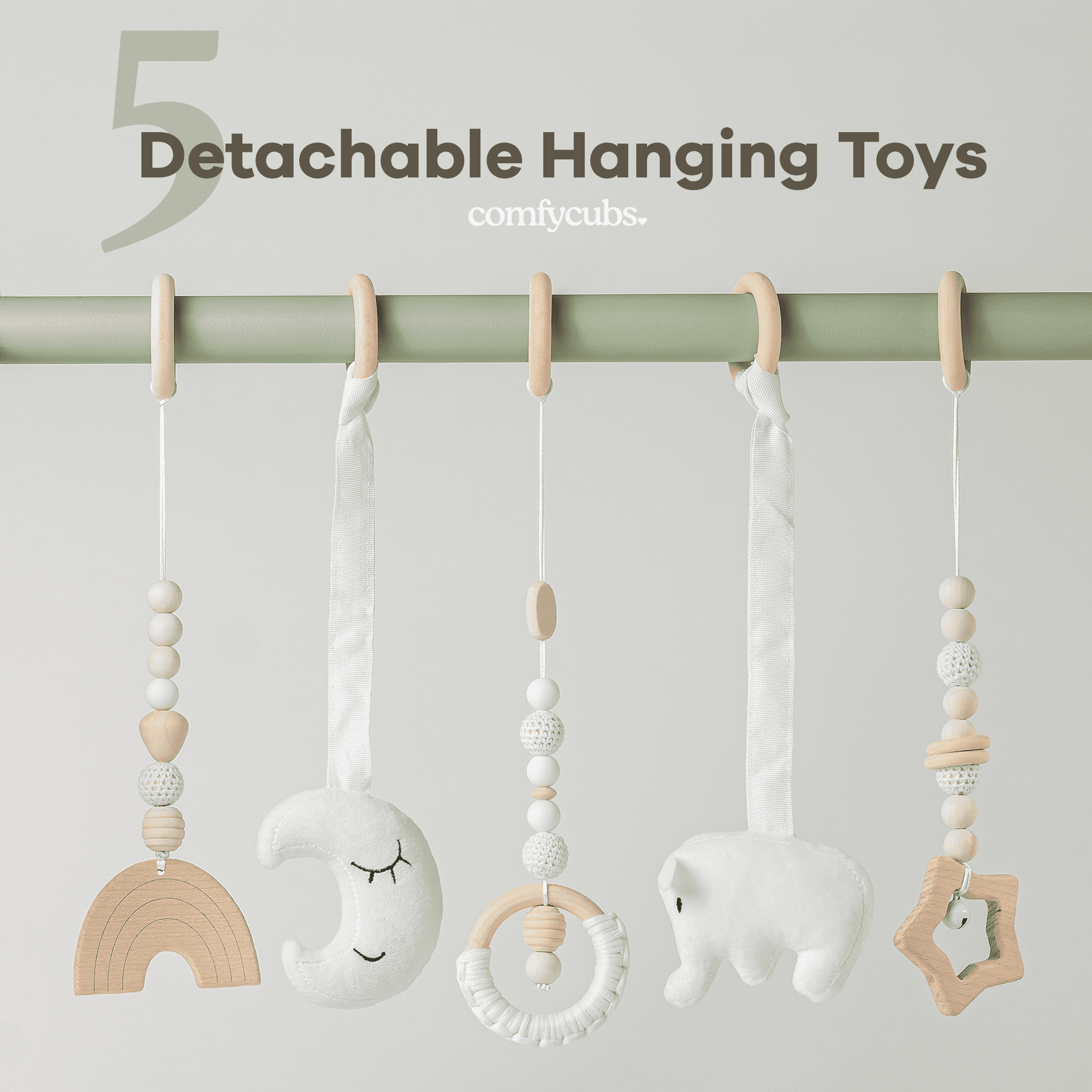 Comfy Cubs Baby Play Gym Set, Wooden Hanging Bar with Gym Toys, Foldable for Infants, Sage