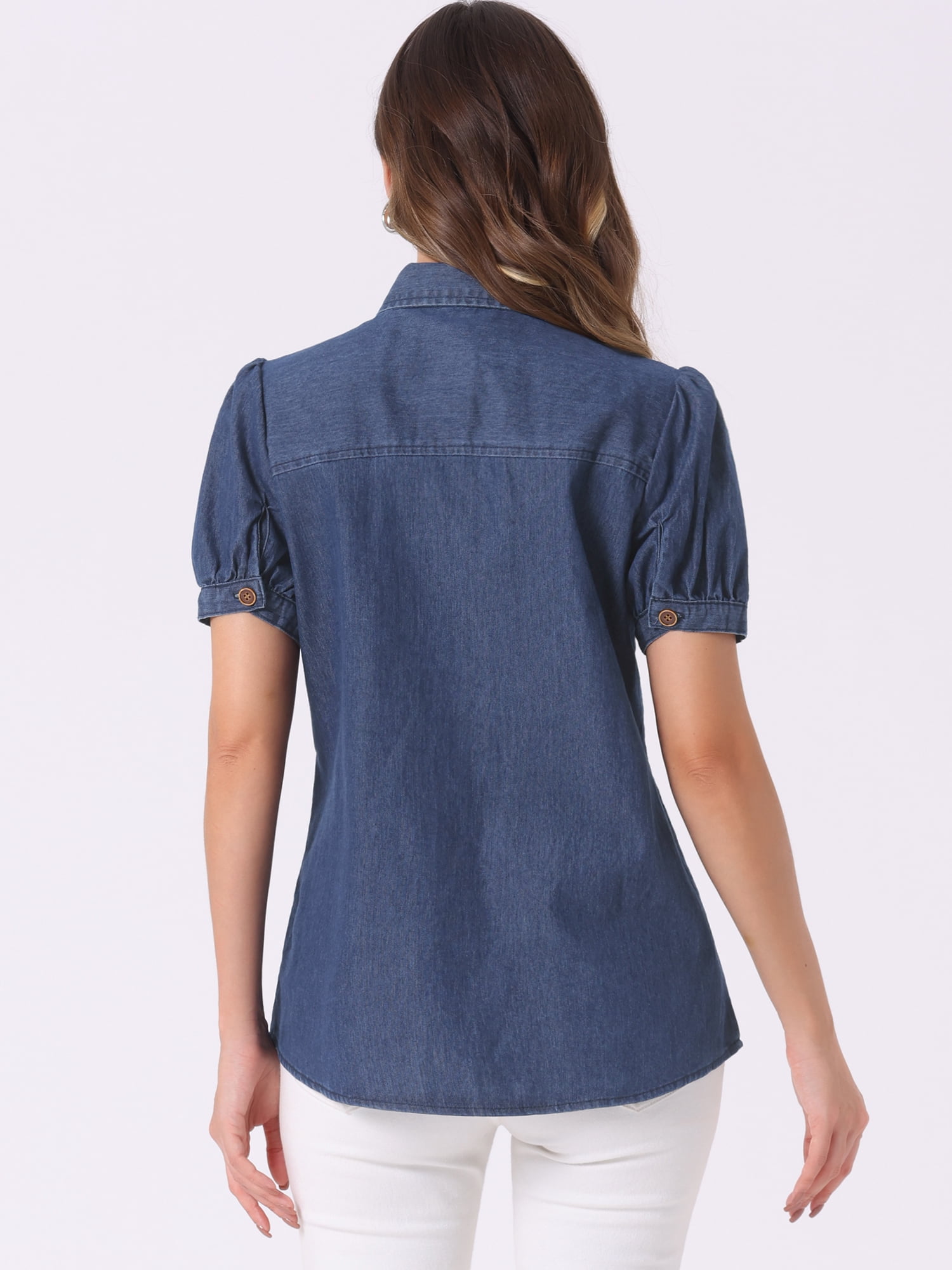 DARING DIVA Women's Denim Short Puff Sleeve Spread Collared Button Up Shirt L Deep Blue