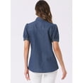 thumbnail image 4 of DARING DIVA Women's Denim Tops Short Puff Sleeve Collared Button Up Shirt S Deep Blue, 4 of 6