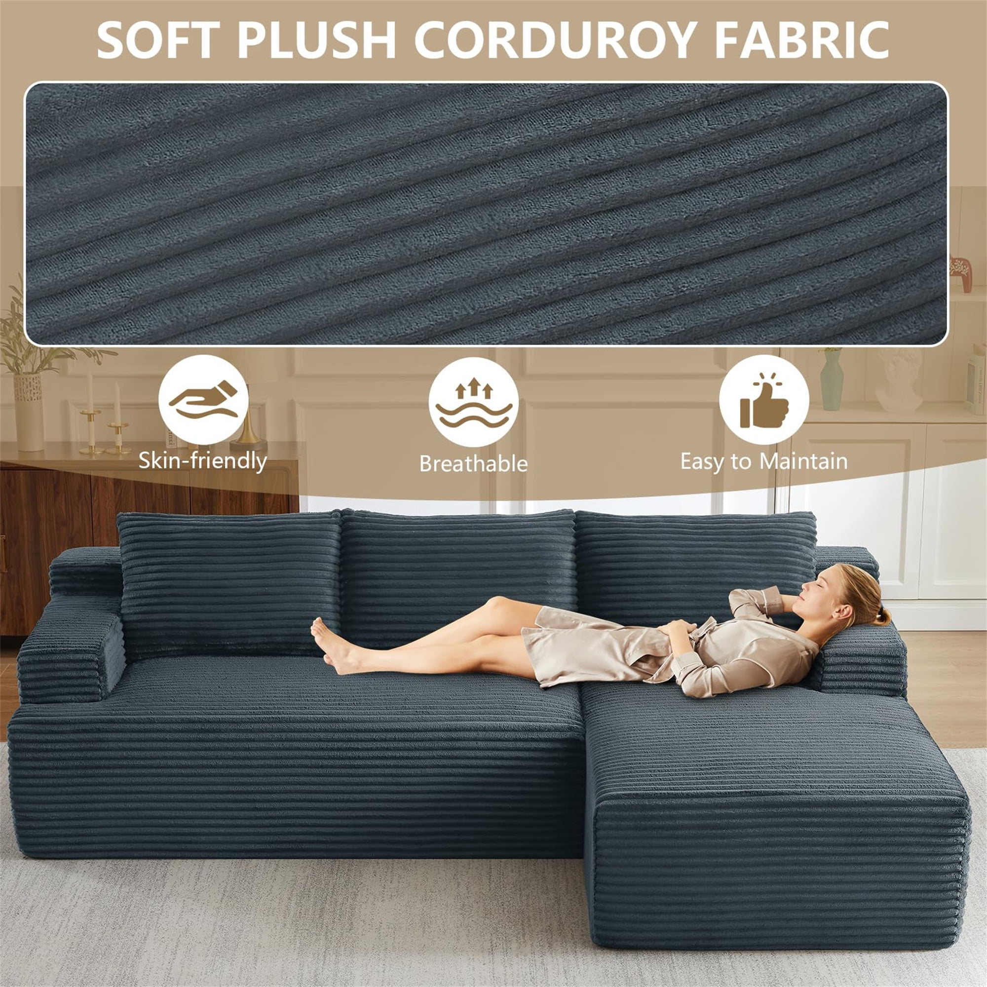 Aukfa 105" Cloud Sectional Sofa Boneless Couch Modular Sofa Bed for Living Room, 2Pillows, Right Chiase, Corduroy, Gray