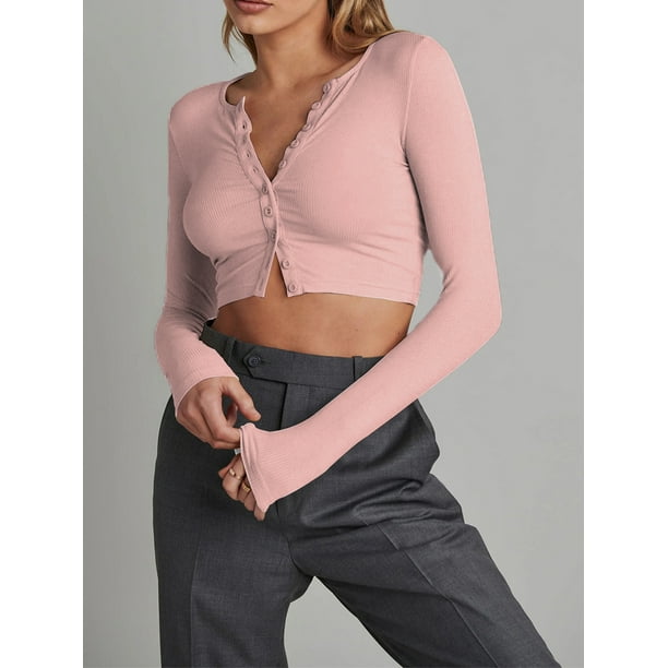 Diconna Women's Spring Summer Fitted Crop Tops Long Sleeve Front