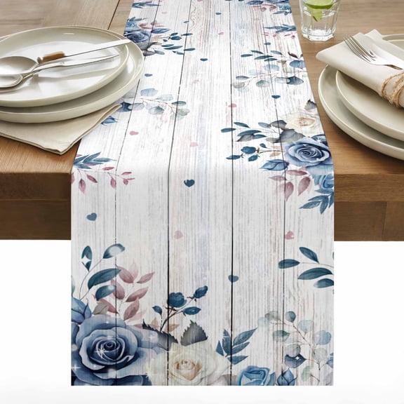 Valentine's Day Table Runner 13x60 inch Blue Roses Eucalyptus Leaves Wood Grain Cotton Linen Dining Table Runner Ideal for Dresser Kitchen Coffee Tables - Machine Washable