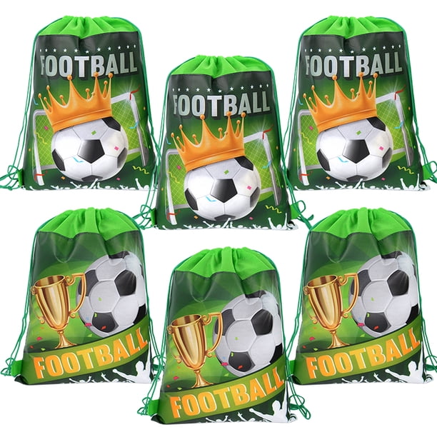 12 Bolsas Con Cordón De Fútbol De 34x27 Cm, En Verde, Ideales Para Fiestas Infantiles, Regalos O Dulces. Reutilizables, Resistentes Al Agua Y Con 6 Diseños Distintos