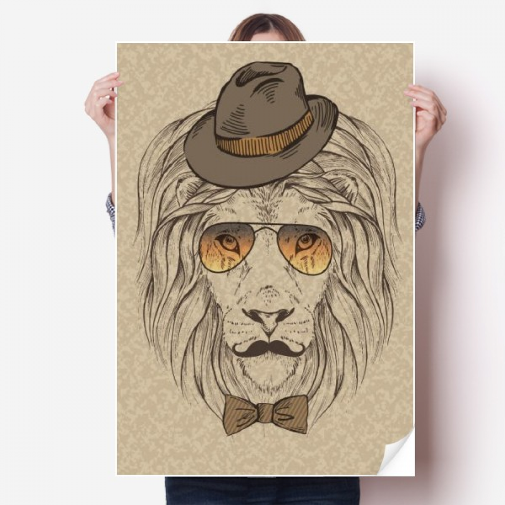 British Style Gentle Lion Hat Bow Tie Sticker Decoration Poster