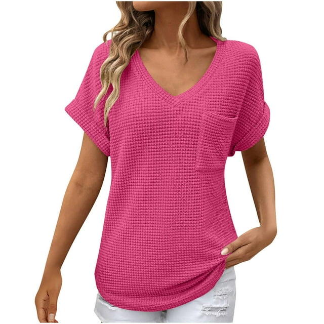 Timegard Hauts pour Femmes Col en V Manches Courtes Ajusté Confortable Couleur Unie Tunique Décontractée Hauts Mode d'Été