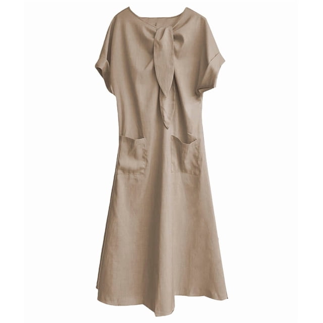 Robe Maxi Évasée Élégante à Manches Courtes avec Poche à Ruban pour Femmes, Coupe Ample Décontractée, Robe d'Été Kaki TTG