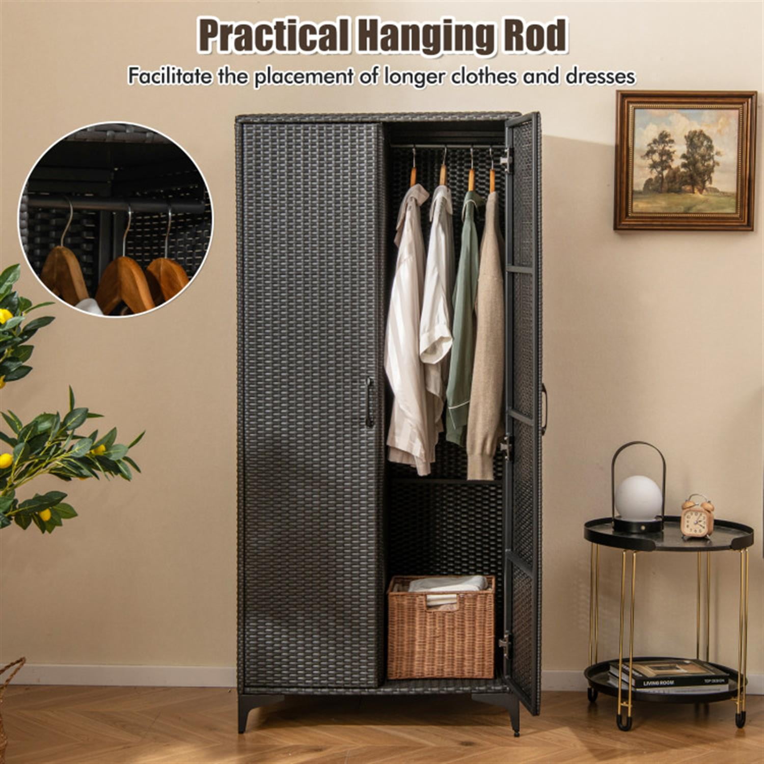 Demi Bonn 62" Wicker Wardrobe with 2 Doors, PE Rattan Closet with Hanging Rod, Freestanding Storage Cabinet, Black