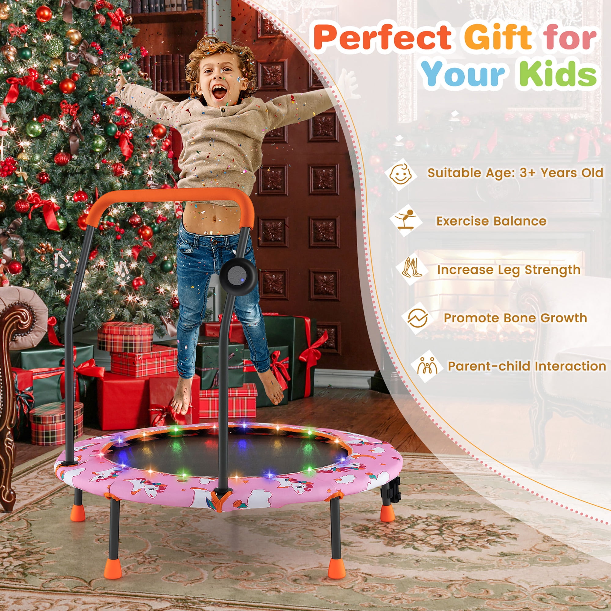 Gymax 36'' Mini Toddler Trampoline w/ LED Bluetooth Speaker Detachable Handle Kids Gifts Pink
