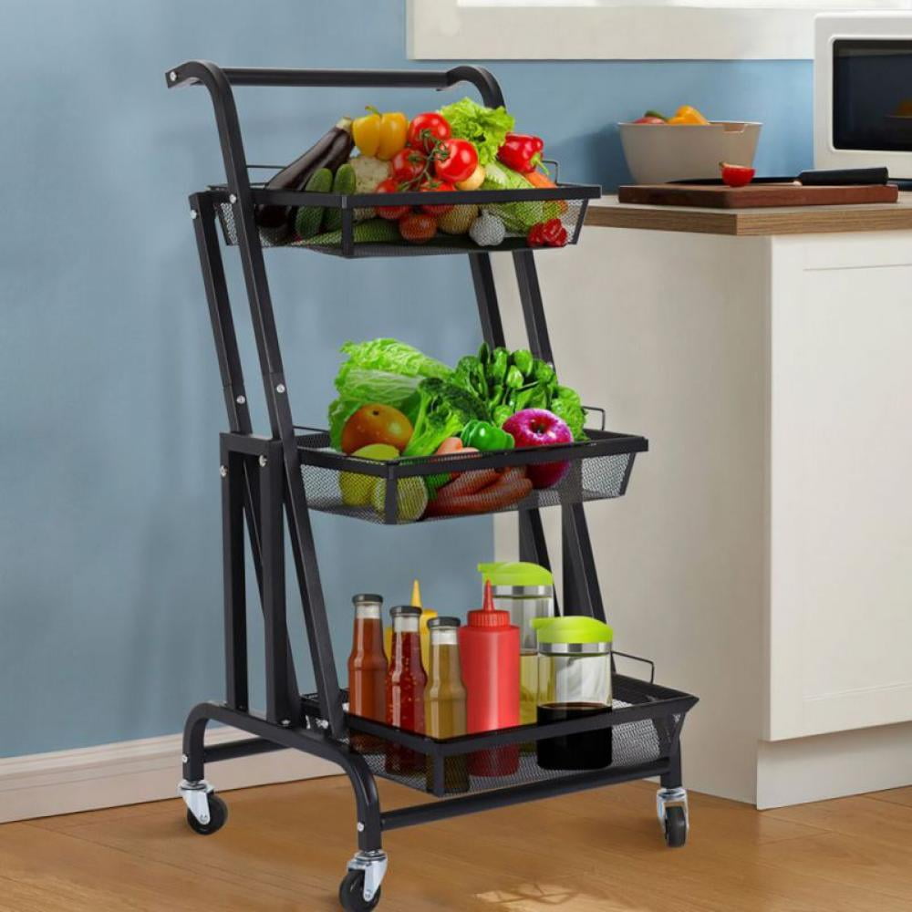 3 Tier Kitchen Trolley Wheel Cart Vegetable Fruits Rack Adjustable Shelf Chrome 