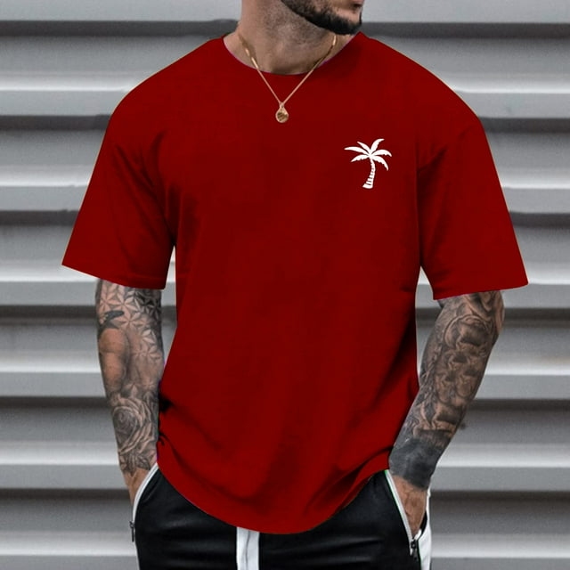 Men T Shirts Male Summer Beach Little Tree Print Blouse Short Sleeve O Neck Tops T Shirt