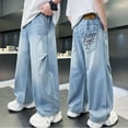 thumbnail image 2 of Bmisegm Boys Baggy Pants Autumn Cartoon Embroidery Loose Straight Fitting Wide Leg Long Jeans for Middle Size Children Boy'S Trousers 7-15Y Blue_004,12-13 Years, 2 of 5