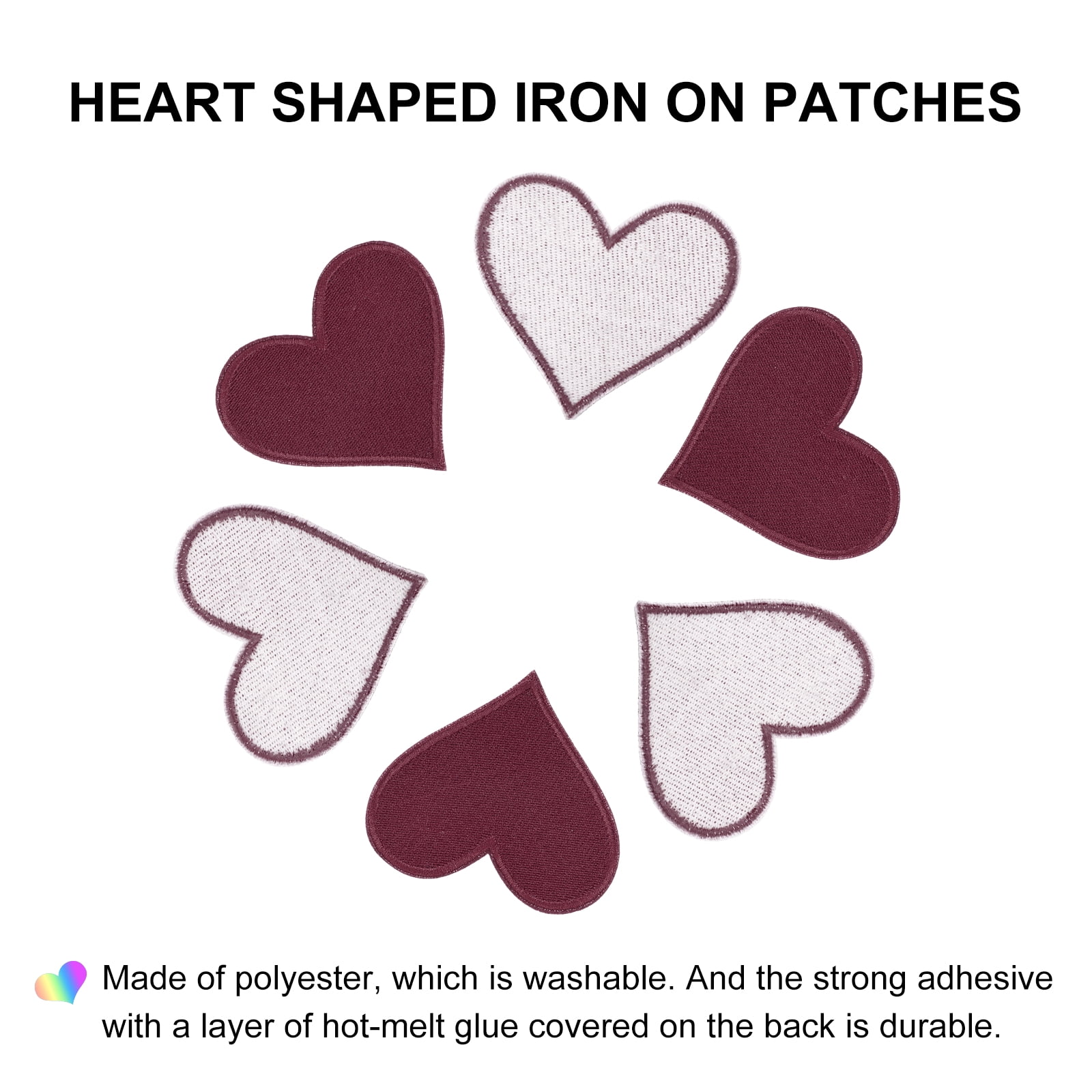 Heart Shaped Iron on Patches 6.8x7cm Embroidered Sew Patches Appliques for Clothing Repair Backpack Shoes Decoration Wine Red 120Pcs