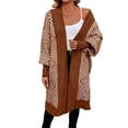 thumbnail image 3 of Women's Trendy Argyle Striped Knit Cardigan Open Front Long Sleeves Mid Long Sweater Coat Caramel Color XL, 3 of 9