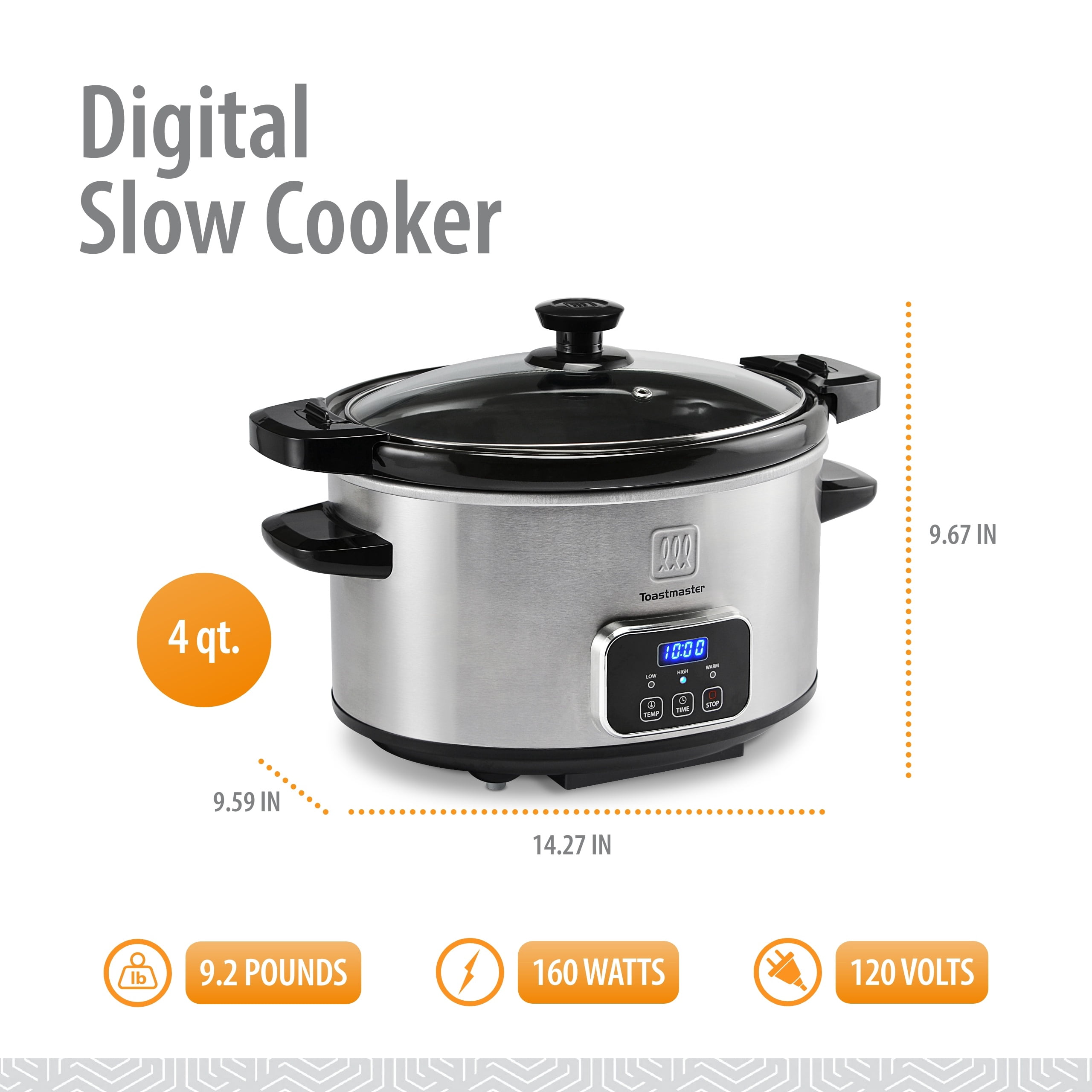 Toastmaster 4-Quart Digital Slow Cooker with Locking Lid, Stainless Steel
