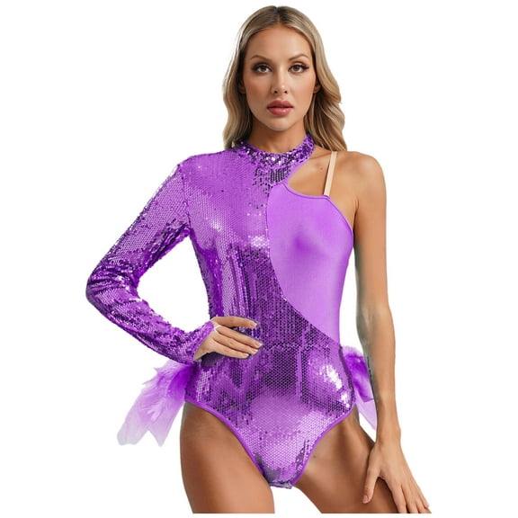 TSSOE Women Asymmetrical Latin Dance Leotard Sequins Long Sleeve Gymnastics Bodysuit Unitard Jazz Dance Tops Purple S