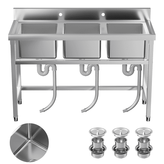 Stainless Steel 3 Compartment Sinks, Freestanding Utility Sink, Rust Resistant Durable, 550lbs Heavy Duty, Commercial Utility Sink for Kitchen, Backyard for Indoor Outdoor
