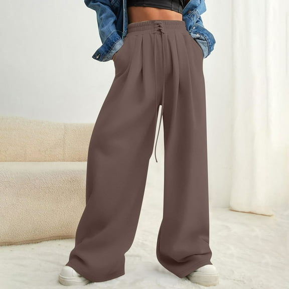 aidice Sweatpants for Women Wide Leg Fleece High Wasited Drawstring Loose Fitted Pants with Pockets Baggy Casual Trousers