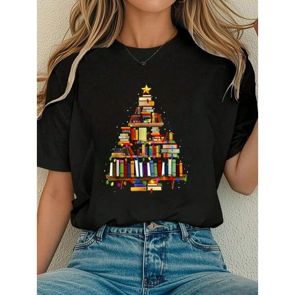 Women Cotton Tshirt Book Christmas Tree Lights Teacher Librarian Read Lover Xmas T-Shirt Comfort Tshirt Women