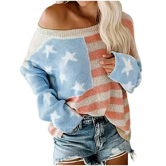 Women American Flag Sweater Off Shoulder Knit Sweatshirt Long Sleeve Pullovers Loose Winter Fall Fashion 2025