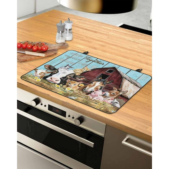 nqOlkjepod Large Induction Cooktop Protector Mat 31"x24", Farmhouse Animals Stove Top Covers for Electric Stove, Pig Cow Retro Farm Blue Wood Grain Stove Burner Cover Mats, Glass Top Stove Cover