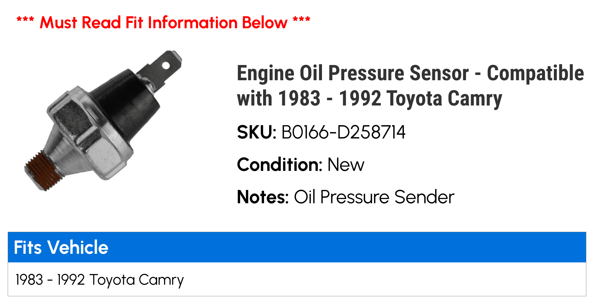 Engine Oil Pressure Sensor - Compatible with 1983 - 1992 Toyota Camry 1984 1985 1986 1987 1988 1989 1990 1991