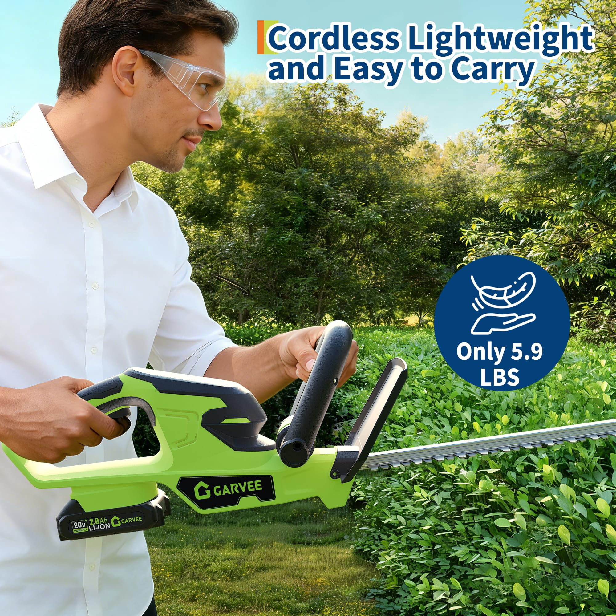 Hedge Trimmer Cordless, 22 Inch Electric Hedge Trimmer, 20V Bush Trimmers with 2 2.0Ah Batteries and Charger, Handheld Electric Trimmers, Lightweight and Easy to Use, for Garden, Horticulture, Lawns
