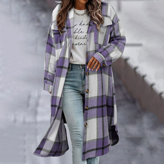 Fgvctg Womens Plaid Shacket Jacket Trendy Long Plaid Trench Coats Lapel Button Flannel Shacket Jackets Long Sleeve Winter Outwear Coats Purple 2XL