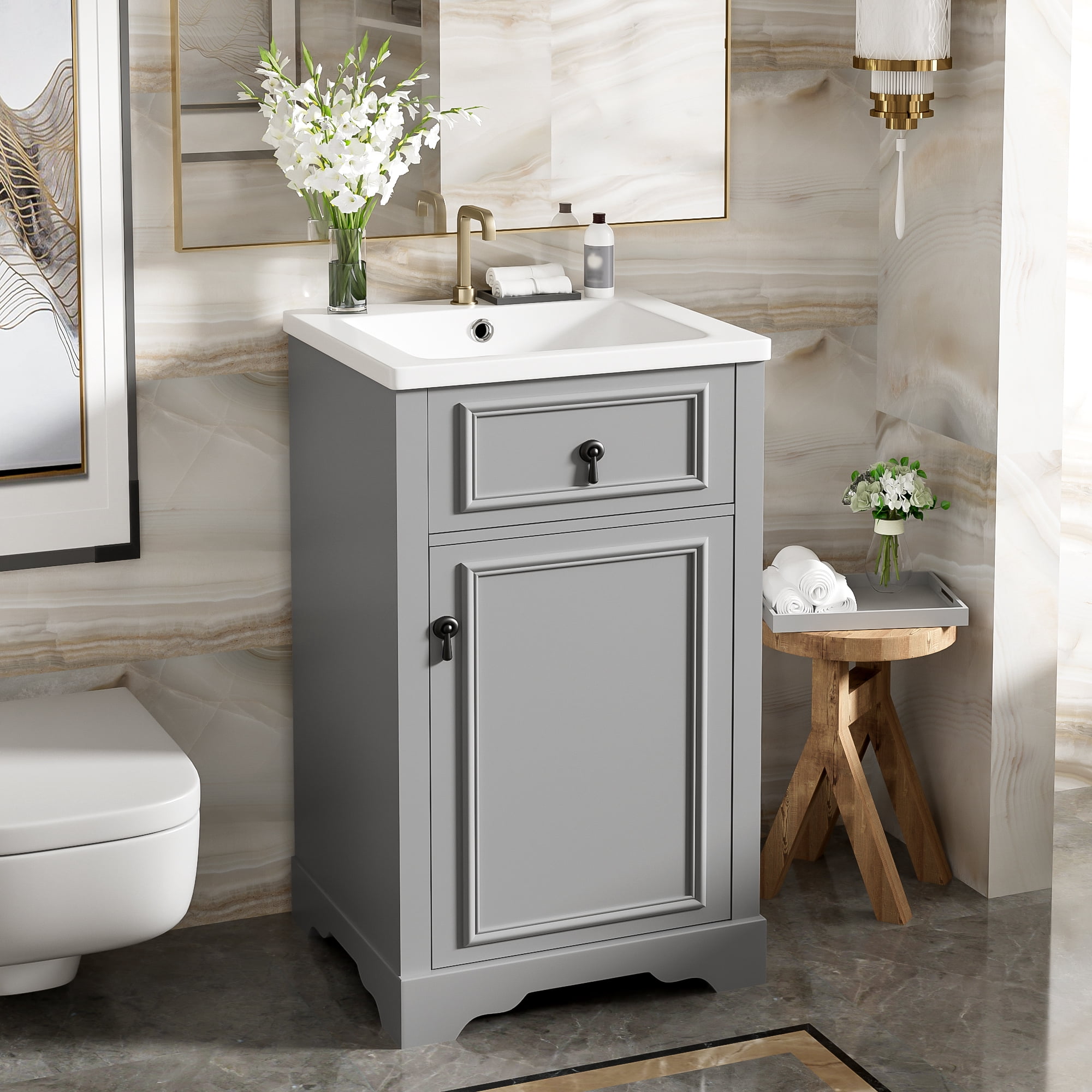 Euroco 20-Inch Bathroom Vanity with Ceramic Sink, Soft Close Door, Adjustable Shelf, and Door-Mounted Storage Rack - Ideal for Small Bathrooms