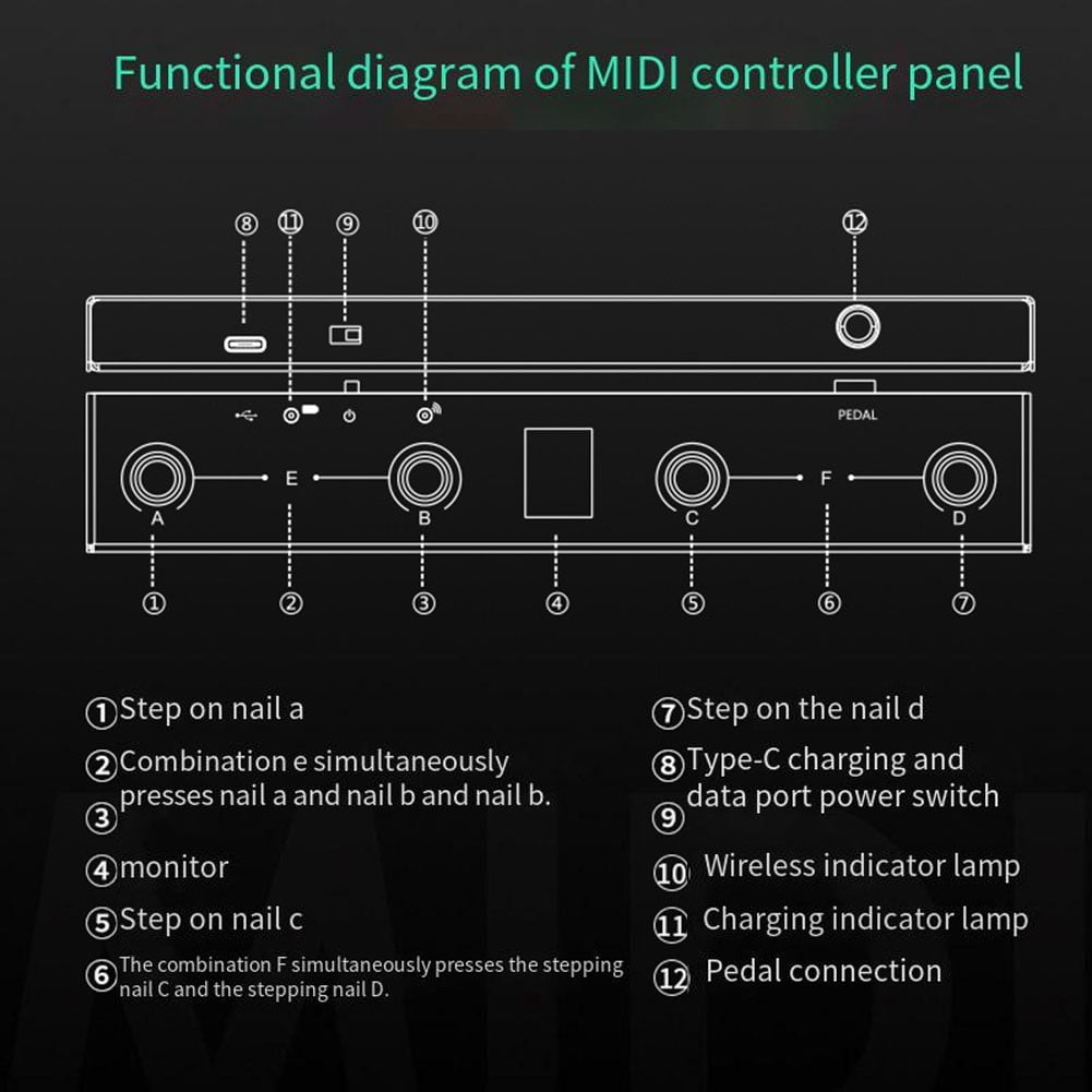 Gerich For M-VAVE Chocolate Bluetooth Wireless MIDI Controller Rechargeable 4 Buttons Portable MIDI Foot Controller Pedal APP Control