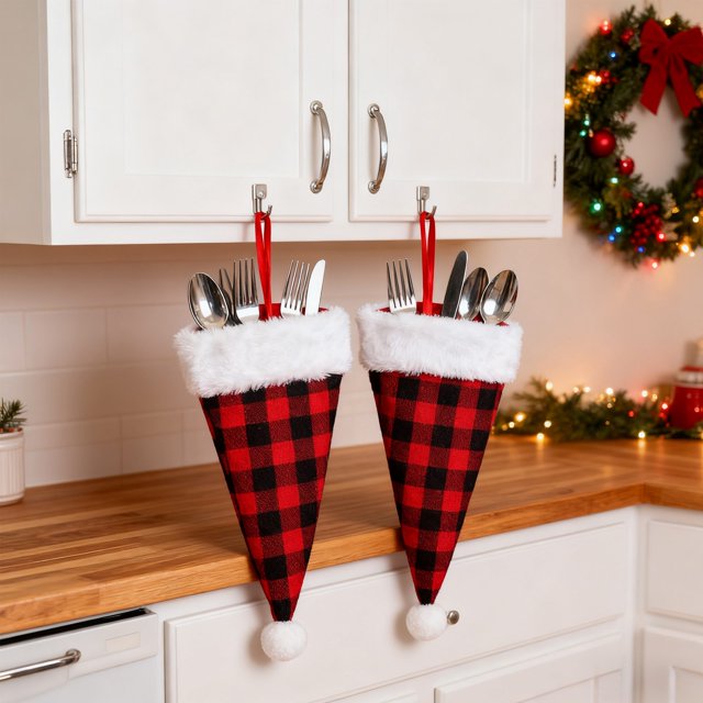 Hogar y cocina, Decoración del hogar, Bolsa de cubiertos navideña a cuadros, Bolsa para cubiertos con gorro navideño y borde blanco artificial, Bolsa para cubiertos navideña, Decoración de mesa navide