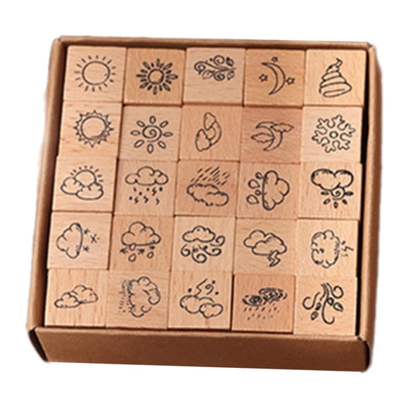 Juego de 25 sellos de diario de madera, sellos de goma, suministros decorativos para bricolaje, impresión Clima