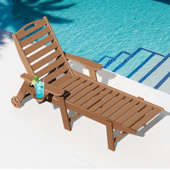 Wood Look HDPE Outdoor Chaise Lounge Chair, Rolling Pool Lounger, Aqua