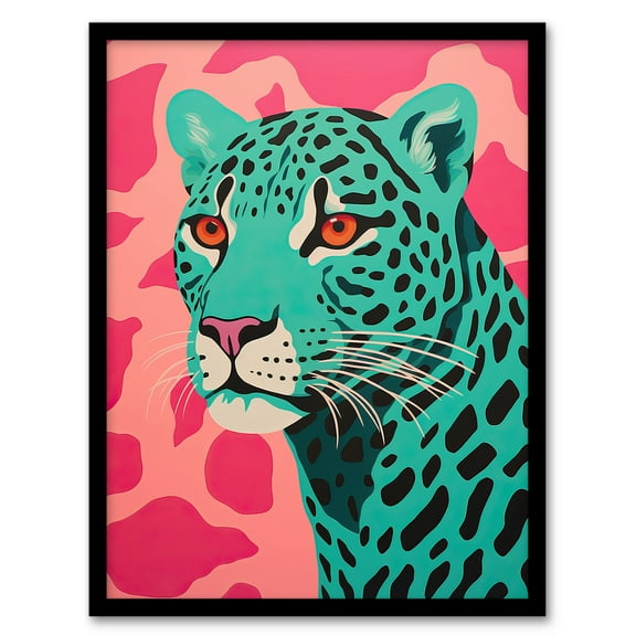 Modern Aqua Green Leopard Print On Pink Pop Art Style Risograph Artwork Painting Art Print Framed Poster Wall Decor 12x16 inch