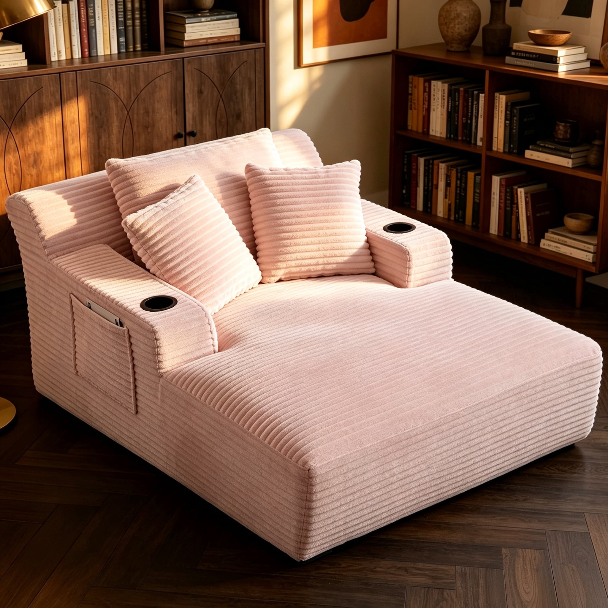 ShiKeyi 66'' Chaise Lounge Chair Indoor, Boneless Sofa Cloud, Plush Corduroy Chaise Couch with Cup Holders, Side Storage Pocket & Pillows, No Assembly Required, Pink