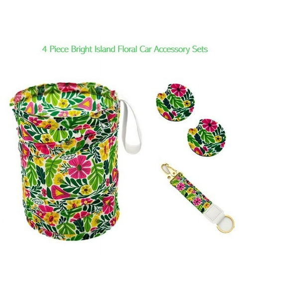 Women's Bright Island Floral Car Accessory Set with Keychain, Collapsible Trashcan, and Coasters
