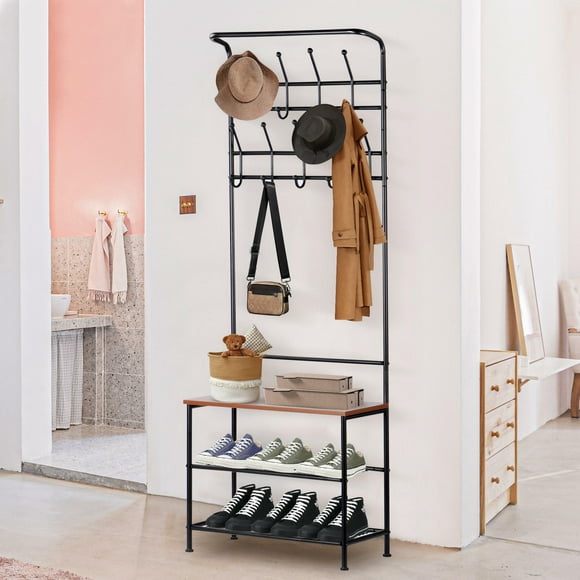 Metal Entryway Standing Cabinets Shelf Storage Coat Rack, Shoe Bench Garment Clothes Rack Hanging Storage with 18 Hooks
