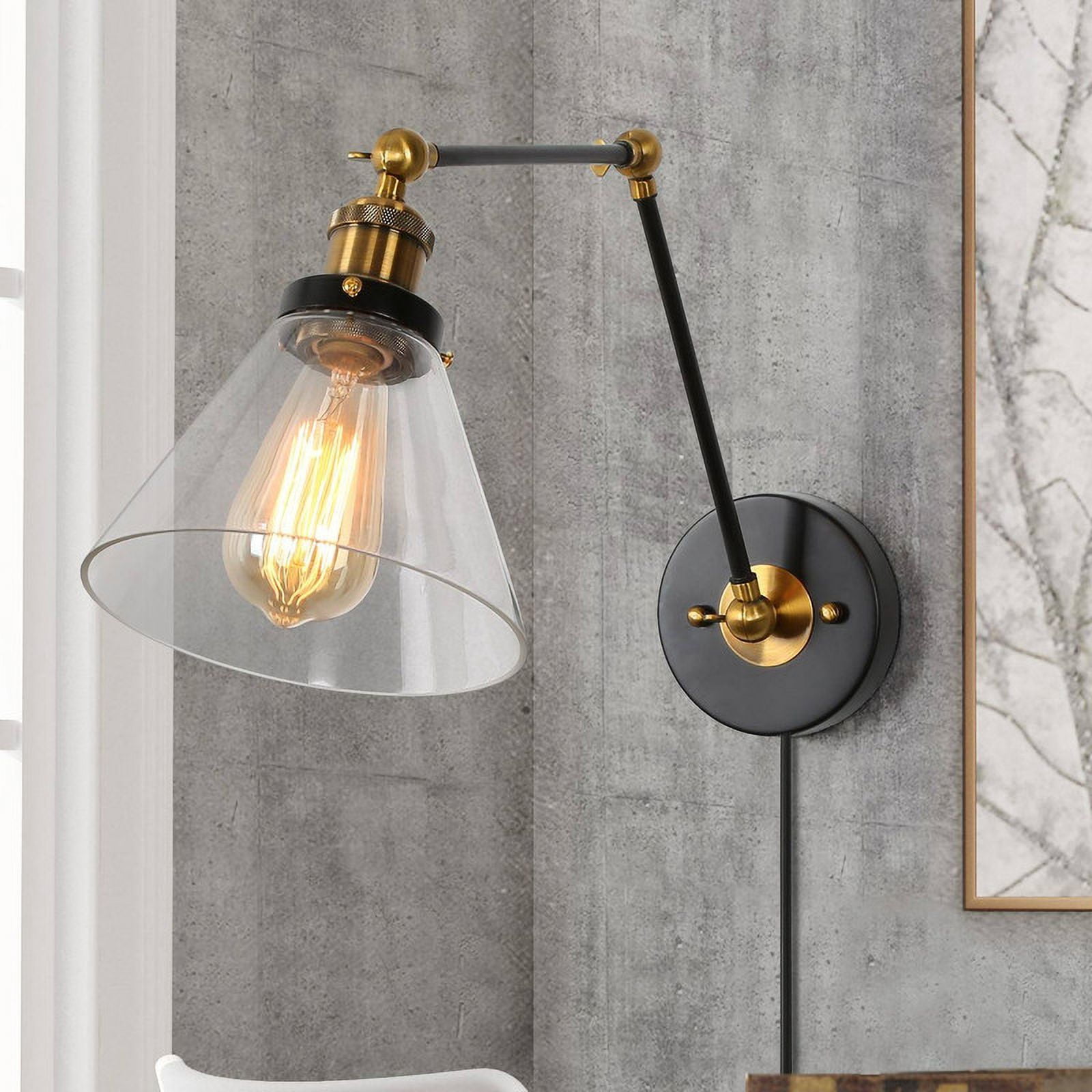 LNC 9.1-in H On/Off Switch Black Swing Arm with Glass Shade Modern Wall Lamp
