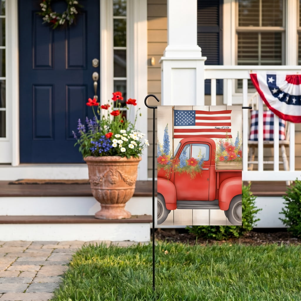 Fourth Of July Garden Flag A Red Truck With A Flag On The Back Of It. Happy 4th Usa 250 Year American Anniversary Flag 28x40 Inch American Flag Outdoor Decor
