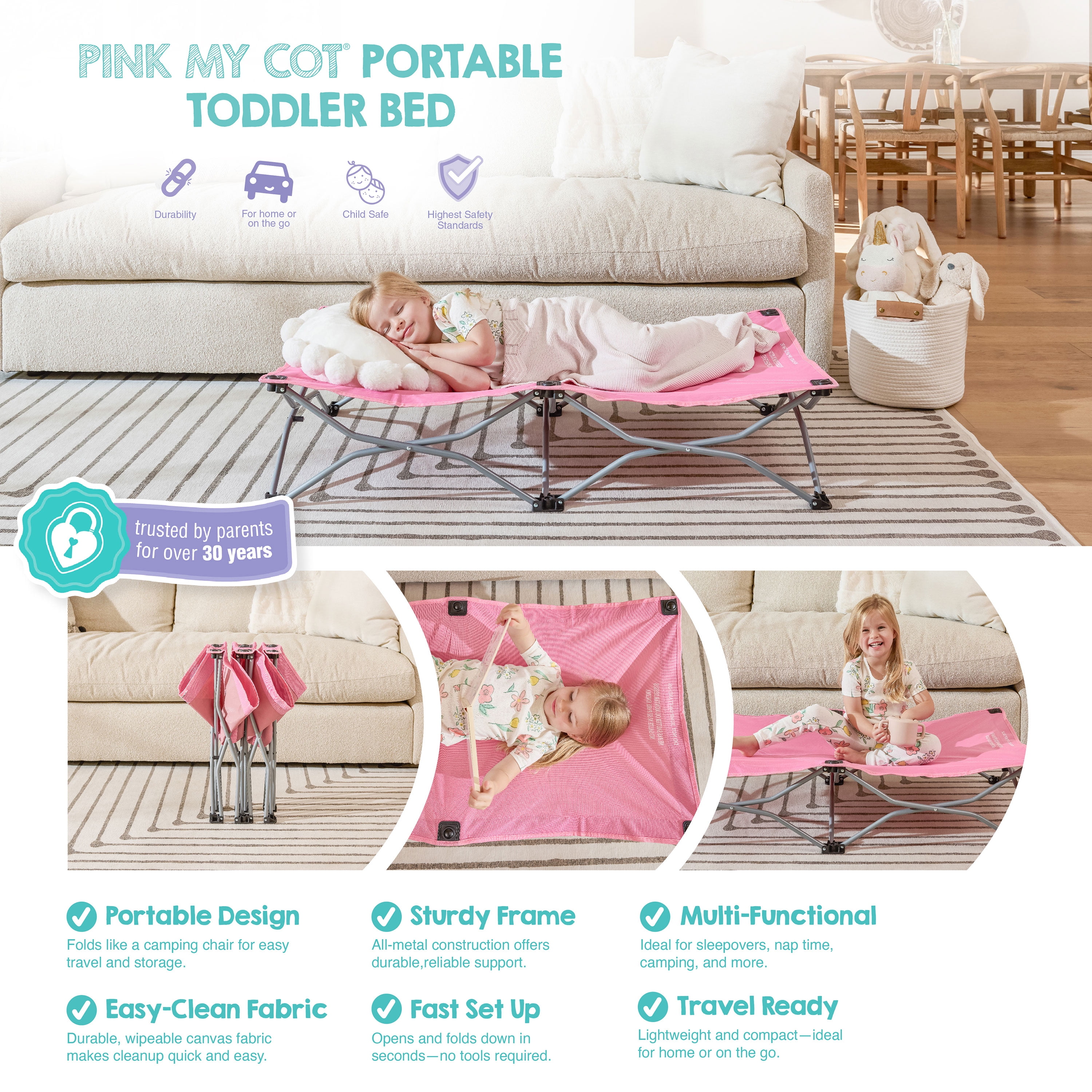 Regalo My Cot Portable Toddler Bed, Lightweight Foldable Travel Bed for Kids, Pink