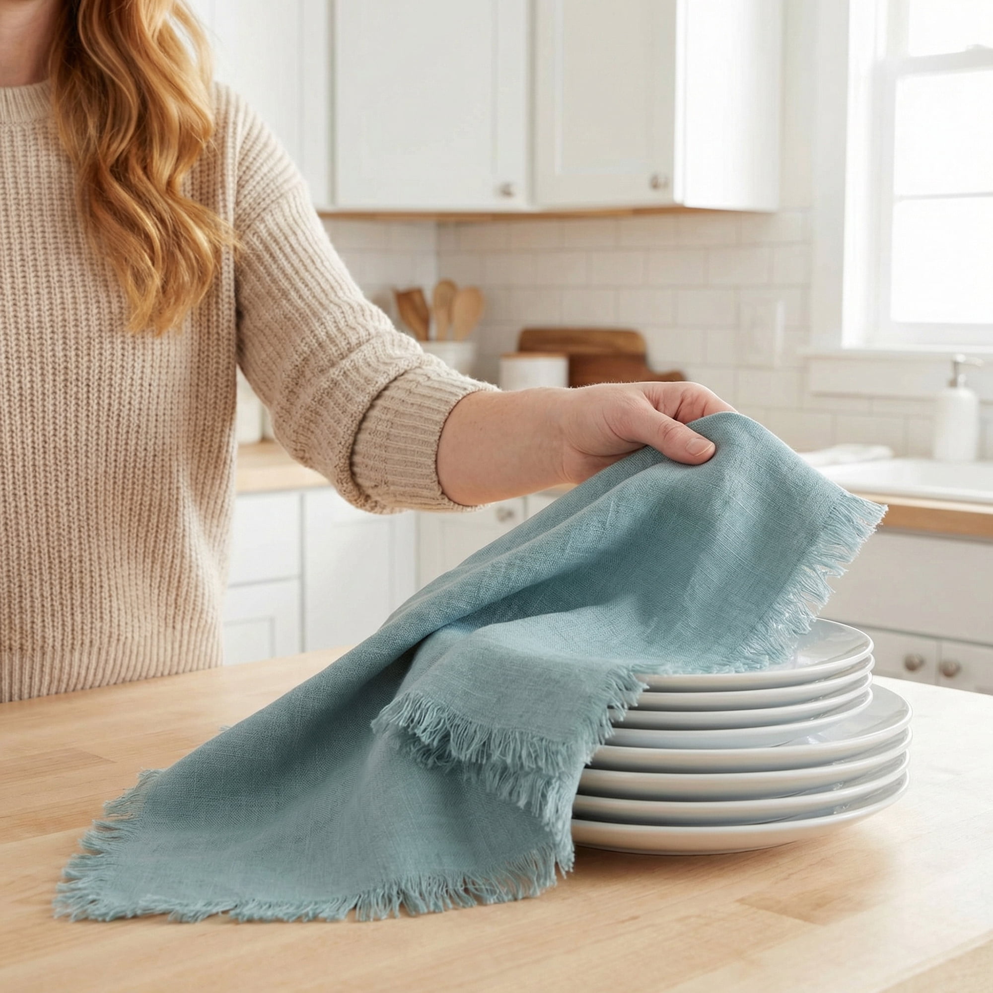 Unique Bargains Cotton Linen Absorbent Kitchen Towels 4 Pack Light Green/Blue 18" x 18"